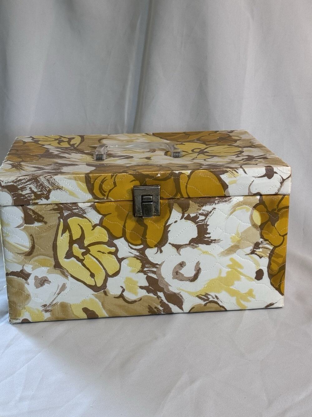 Vintage MCM 60s Flower Power Vinyl Sewing Box Lucite Handle Notions Home Decor